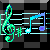 Animated musical notes on a staff with shifting colors and sparkles against a checkered background.