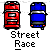Animated contact sheet showing 8 sequential frames of a pixel-art street race icon with red and blue cars, text labels, and motion effects on gray background.