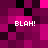Pixelated of magenta and black squares with four instances of 'BLAH!' text in white block letters