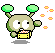 Pixelated green alien-like character with large white eyes and two green antennae, holding a yellow box with orange and white patterned contents, in four sequential poses showing movement and particle effects.