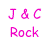A four- with pink text 'J & C Rock' on white background, a person with glasses and dark hair, a person with blonde hair, and a blank gray