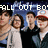 Pixelated image of four people standing together under text reading 'FALL OUT BOY' with blue and white background elements.
