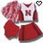 Two identical pixelated cheerleading outfits with red pom-poms and a heart symbol, one black and white, the other red. The shirts display an 'N' logo on a white background.
