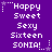 Purple background with white pixelated text reading 'Happy Sweet Sexy Sixteen SONIA!' arranged in a pattern, surrounded by small star and dot decorations