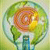 Pixelated circular icon with a central orange-yellow spiral surrounded by green foliage and blue stems on a light green background.