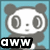 Pixelated panda icon with large eyes and gray ears, white face and body, blue background, and black text overlay reading "aWW" in the bottom-left corner.