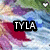 Pixelated image with 'TYLA' text overlay, heart symbol in top-right corner, and abstract background colors including red, blue, purple, green, and white.