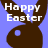 Pixelated static icon featuring a brown bunny silhouette with white text "Happy Easter" on a blue background, rendered in low-resolution digital art style.