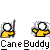 Pixel art animation of two yellow figures with white heads, one holding a cane, interacting with red particle effects and text below.
