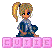 Pixel art character with blonde pigtails and blue eyes, wearing a dark blue outfit with light gray accents, seated on pink blocks displaying text.
