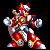 Pixel art character in red and white armor with green chest emblem, blue head accents, and silver gloves, shown across six poses on black background.