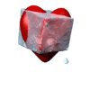 Red heart-shaped background with a translucent pink cube in front, white droplets falling from the cube's bottom-left corner