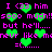 Pixelated text and green heart shapes on a black background with repeated phrases.