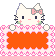 Pixel art of a white cat with pink bow, black whiskers, and green cheeks holding an orange frame bordered by pink hearts.