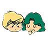 Two cartoon heads with blonde and green hair in various expressions and poses against a gray background.