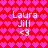 Red background with pink heart pattern, white text 'Laura Jill' and '<3' repeated in four quadrants.
