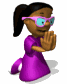 Animated character in purple dress with pink glasses, hands raised in stop gesture across showing eye and mouth expression changes
