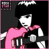 Pixelated character with black bob haircut and pink bow, holding a guitar against dark background with "ROCK STAR" text in top-left corner.