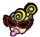 Pixelated character with yellow spiral hair, red sunglasses, pink tongue sticking out, and black outline on gray background.