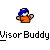Pixelated character with blue cap, orange shirt, and brown outline against gray background, with 'Visor Buddy' text below.
