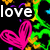 Pixelated heart shapes and text fragments on a black background with neon green, yellow, purple, and blue accents.