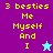 Pixelated text '3 besties Me Myself And I' in yellow on purple and cyan backgrounds with a star icon.