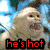 Pixelated image of a monkey-like character with open mouth, red text 'he's hot', and blue background.
