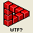 Pixelated red 3D block structure with black outlines and a central white dot, below which is the text 'WTF?' in pixel font.