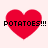 Four red heart shapes with black pixelated text "POTATOES!!!" overlaid, arranged in a on a light pink background