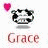 Pixelated cow face icon with black-and-white patches, pink heart above left, gray shadow below, 'Grace' text beneath in brownish-red font.