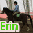 A pixelated image of a person riding a horse in a forested background with text overlays reading 'Erin', 'and', and 'finn' across different sections.