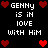Pixelated text and red heart icons arranged in a on black background, with repeated phrases about 'GENNY' being in love