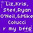 Purple background with white pixelated text repeating 'Liz,Kris, Stef,Ryan O'Neil,&MikeO'Neil,&Mike Colucci r my bffs', each line accompanied by a small star graphic.
