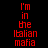 Red pixelated text reads "I'm in the Italian mafia" across a black background with white rectangular overlays shifting position.