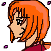 Pixelated anime-style character with orange hair in profile view, wearing maroon top against gray background.