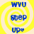 Yellow spiral background with blue text 'WYU', 'step', and 'Up.' arranged vertically in four identical