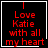 Red pixelated text on black background reads "I Love Katie with all my heart" in four , each has a white border