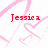 Pixelated red text reads 'Jessica loves Darren!' over pink heart doodles on white background with gray corner block.