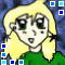 Animated pixel art of a blonde girl with green eyes in a green top, showing subtle facial expression changes against a blue background.