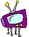 Purple retro TV with light blue screen, yellow knobs on top and front, four legs ending in gray feet, displayed across showing animation changes