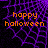 Purple spiderweb pattern on black background with orange 'happy halloween' text in pixelated font.