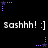 A black background displays repeated 'Sashhh! :]' text with purple star-shaped pixel art elements in a pattern