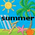 Pixelated beach scene with sun, palm trees, lounge chairs, starfish, and text reading 'summer '08 is gonna be great!' on blue sky background.