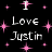 Black background with white text 'I Love Justin' and pink starbursts, some pixels showing gray area on right side.