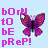 Pixelated icon with pink text 'born to be prep!' on left and purple butterfly on right against light blue background.