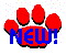 Red paw print with blue 'NEW!' text overlaid on a background of scattered colored dots.