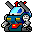 Pixelated mecha with blue and white helmet, red antennae, gray limbs, yellow-green chest lights, and a red square on its torso.