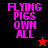 Four display 'FLYING PIGS OWN ALL' text in pink pixelated font with red star symbols on black, dark red, bright red, and maroon backgrounds