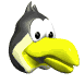 Animated cartoon bird head with gray top, white cheeks, yellow beak, and black eyes showing mouth opening/closing expressions.