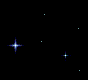 Animated starfield with multiple colored stars against black background, featuring blue and red cross-shaped stars with light trails.